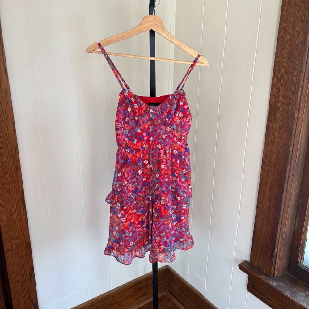 By & By Floral Womens XS Mini Dress Red Sweetheart Corset Boho Tiered Summer